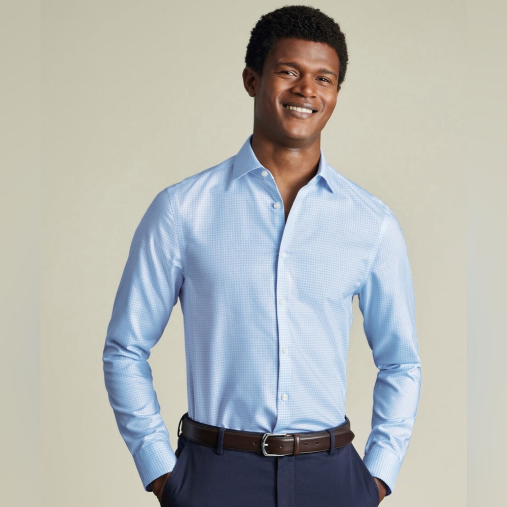 Sky Blue Check Non-iron cotton linen slim fit shirt - Size 16.5/ 33in
